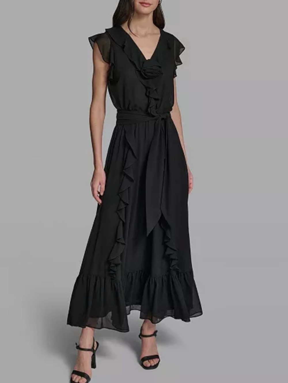 KARL LAGERFELD PARIS Women's V-Neck Ruffle Trim Dress
